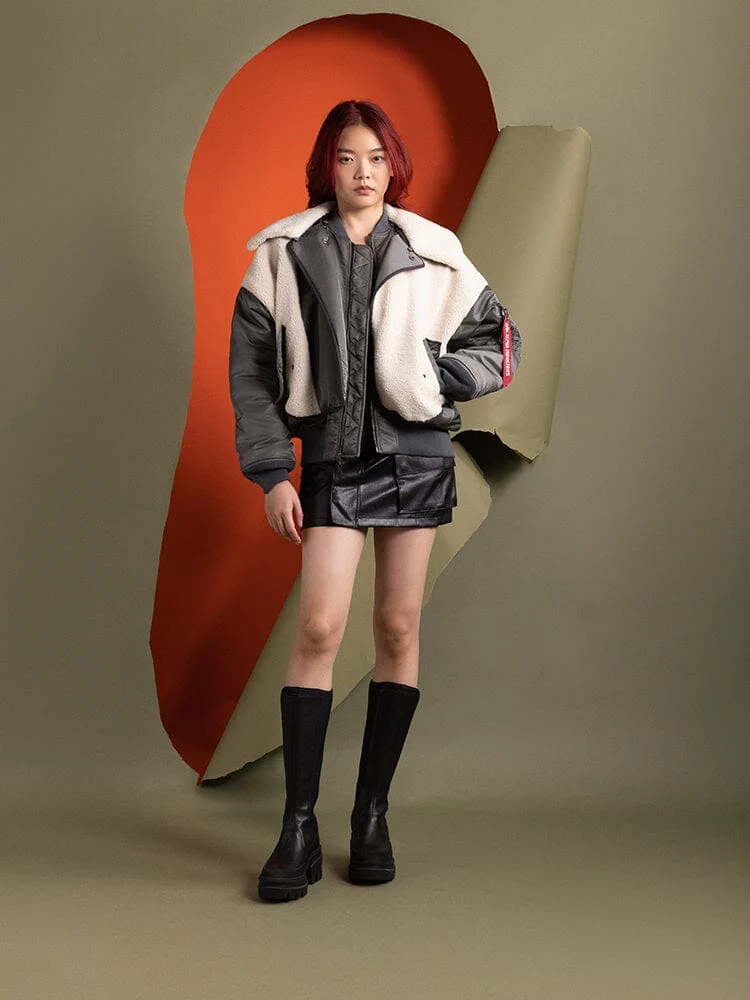 WOMEN'S B-15 SHERPA HYBRID BOMBER JACKET (FIELD GRAY) - Image 3